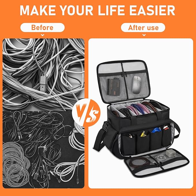 IBVIVIC DJ Cable File Bag with 6 Detachable Dividers High Capacity Gig Cable Bag for Cords, DJ Gear, Sound Instrument and Accessories, Grey