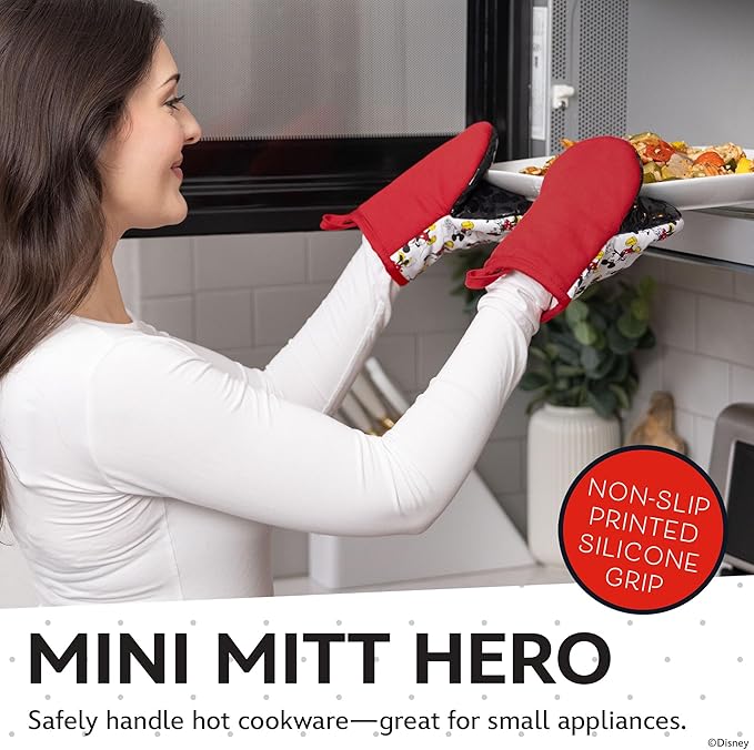 Disney Oven Mitts - 5.5” x 7.5” Heat-Resistant Mini Oven Mitts with Non-Slip Printed Silicone Disney Silhouettes - Mickey & Minnie, Stich, Winnie The Pooh