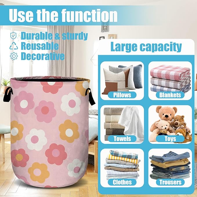 Retro Pink Flower Laundry Basket, Laundry Hamper Collapsible Oxford Cloth with Handle Clothes Toy Storage Bin for Bathroom Laundry Room Bedroom 15.7 X 20 Inch