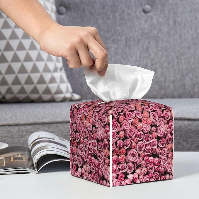 POIUBLE Pink Rose Flower Tissue Box Cover Leather Tissue Box Holder Square Facial Paper Organizer Dispenser for Bathroom Kitchen Bedroom Vanity Countertop Night Stands