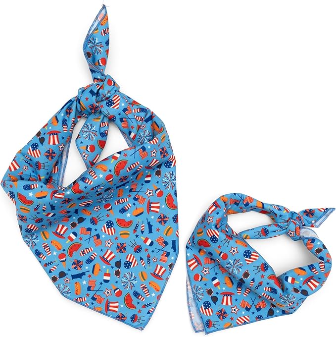 THE WORTHY DOG Classic Tie-Ay Dog Bandana – Soft Cotton Flannel Square Pet Bandana, Independence Day Pattern, Blue, Large