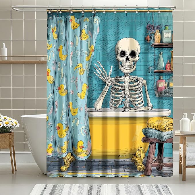 mutakin Funny Gothic Skull Shower Curtain Spooky Skull in Bathtub Shower Curtains for Bathroom Waterproof Fabric Bath Curtain Decor with Hooks