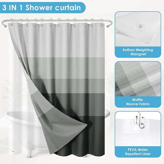 Nesphy Shower Curtain and Liner, Black Ombre Grey Striped 3 in 1 Shower Curtain and PEVA Liner Set with 12 Rust-Resistant Metal Hooks, Waterproof Fabric Shower Curtains for Bathroom, 72 W x 72 H