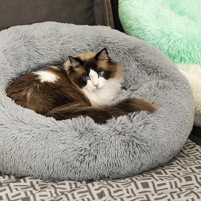 Raimaiso Anti Anxiety Round Fluffy Plush Faux Fur Warm Washable Dog Bed & Cat Bed, Original Bed for Small Medium Large Pets,Used to Relieve Joints and Improve Sleep（20"/24"/27''） (24", Light Grey)