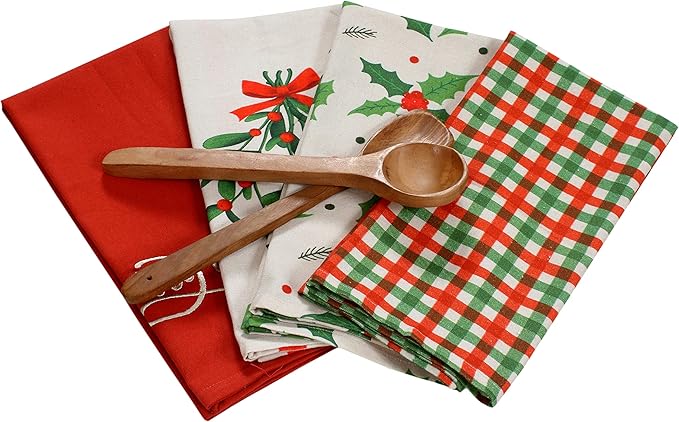 ACCENTHOME Christmas Kitchen Towels - Set of 4 Absorbent Cotton Dish Towels | Merry Christmas Printed Kitchen Linen Tea Towels & Drying Dishes - 20x28 inch