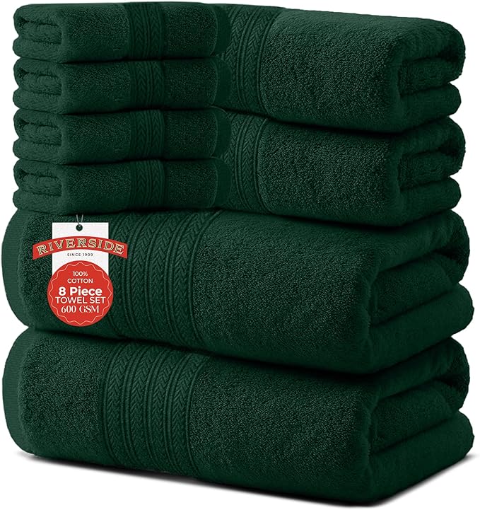 RIVERSIDE Pack of 8 Towels Set, 2 Large Bath, 2 Hand, 4 Face Washcloths, 100% Cotton Hotel Quality, Super Soft, Quick Dry, Highly Absorbent Perfect for Bathroom, Hunter Green