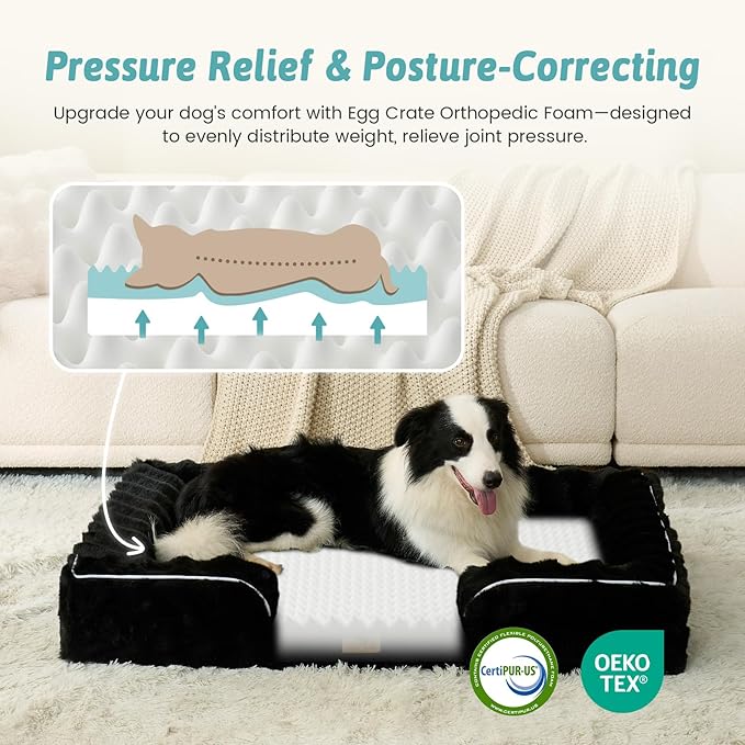 COZY KISS Orthopedic Dog Bed for Large Size Dog, Soft and Warm Faux Fur Extra Large Sofa for Pet Up to 100 lbs, Foam Bolster Anti-Slip Couch with Washable Removable Cover, XL 44x32x7 inch, Black