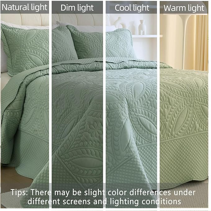 Cmfshape Oversize King Bedspread 128"x120",3 Piece California King Quilt,Lightweight Green Quilt Set for All Season,Modern Coin Pattern Bedding Set