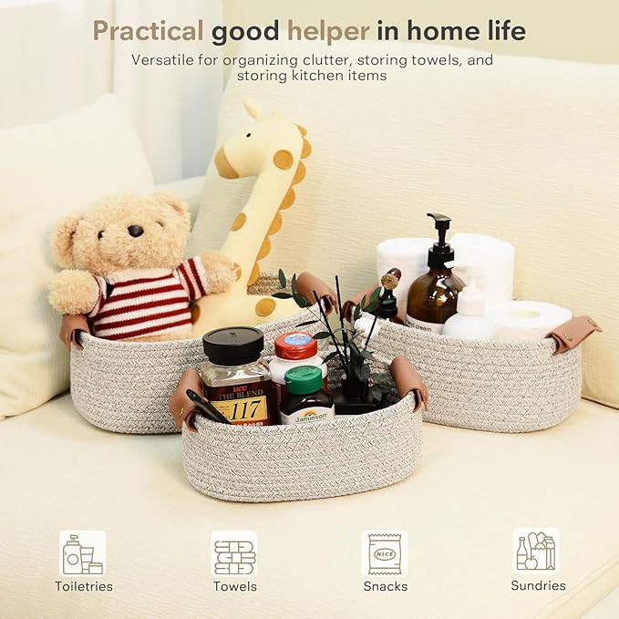 ECDYQXVU 5 Piece Storage Baskets Small Woven Basket with Detachable Leather Handle, Cotton Rope Shelf Baskets for Closet Organizers, Different Sizes Basket Decor, Natural Brown