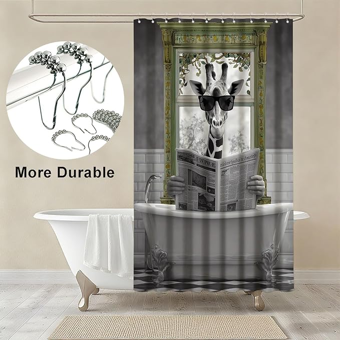 mutakin Rustic Shower Curtain Giraffe Reading Newspaper Shower Curtains for Bathroom Waterproof Fabric Bath Curtain Decor with Hooks