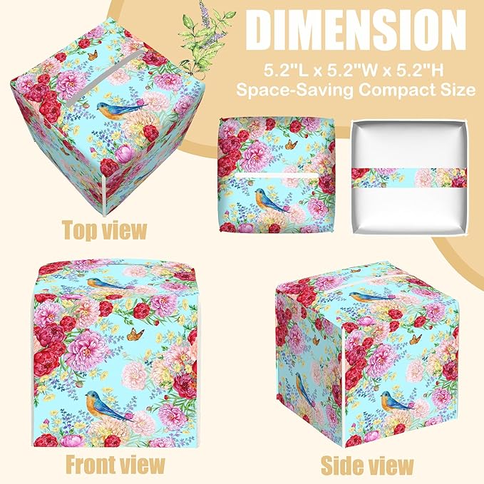 BLYKVGHQ Butterfly Square Tissue Box Cover Blue Bird and Peony Flower Tissue Box Holder Facial Cube Paper Dispenser Leather Decorative Organizer Home Office Desk Decor, 5.2"x5.2"x5.2"