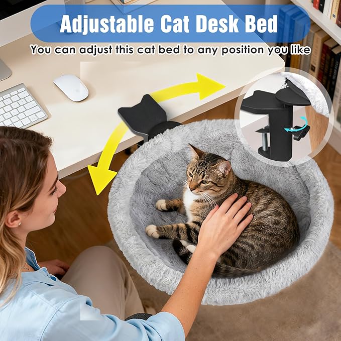 IPOW Heavy Duty Steel Frame 180° Rotating Cat Desk Bed Semi-Circular Cat Bed, Soft Faux Rabbit Fur Material, Suitable for Various Desktops-Maximum Hold Up to 40lb