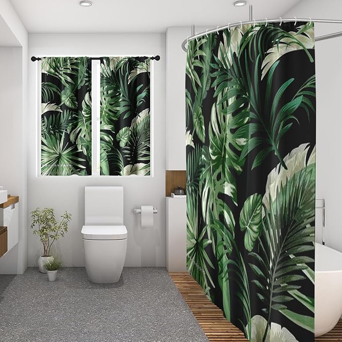 Culudea Green Tropical Plant Jungle Leaf Waffle Textured Cloth Shower Curtain Set, Palm Tree Leaves Black Bathroom Window Waterproof Shower Curtains for Bathroom Decor