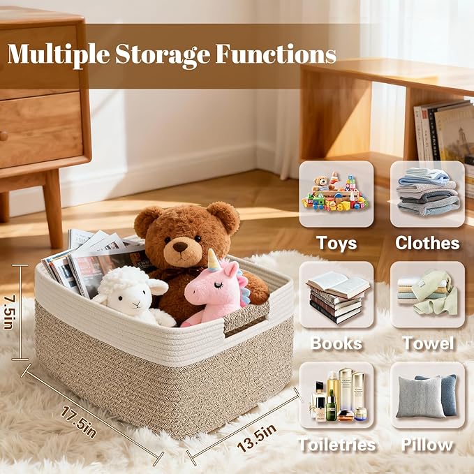 2 Pack Large Storage Basket for Organizing, 17.5"x13.5"x7.5" Woven Basket for Shelves, Closet Cube Storage Bins with Wrapped Handle, Cotton Rope Baskets for Kitchen, Clothes, Toys(Off White & Brown)