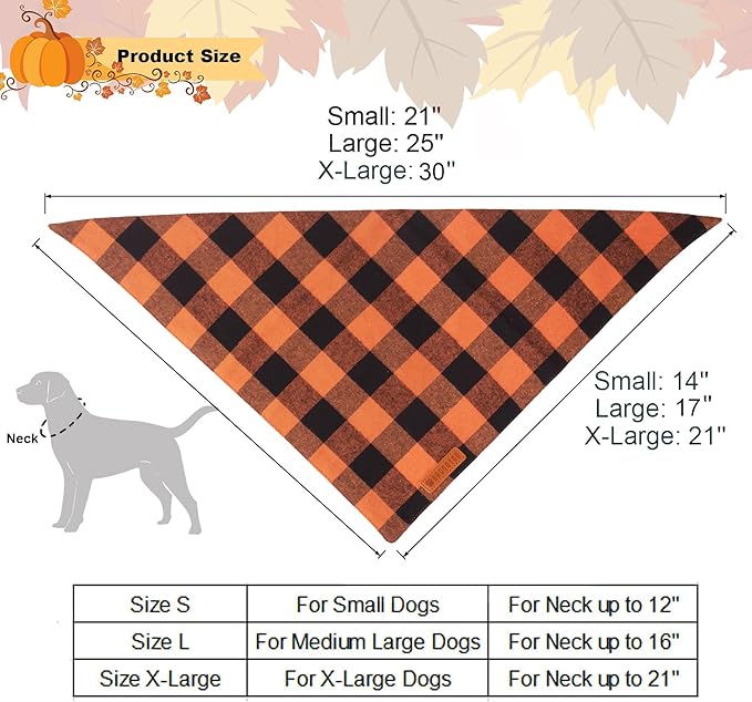 ADOGGYGO Fall Dog Bandanas 2 Pack, Halloween Thanksgiving Holiday Pet Scarf, Multiple Sizes Offered, Orange Plaid Fall Bandana for Medium Large Dogs (Large)