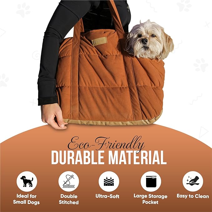 NoblePup Plush Dog Purse Carrier for Small Dogs, Soft Dog Tote Bag with Safety Harness Clip, Cozy Pet Carrier for Dogs Under 15 lbs, Comfortable Dog Shoulder Carrier for Travel, Brown
