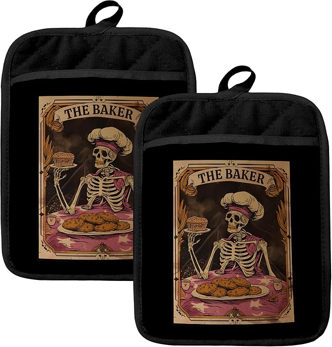 Funny Gothic Skeleton Baker Pot Holders for Kitchen, Gifts for Baking Lovers, Witchy Tarot Card Goth Skull Heat Resistant Hot Pads and Oven Mitts for Baking Cooking