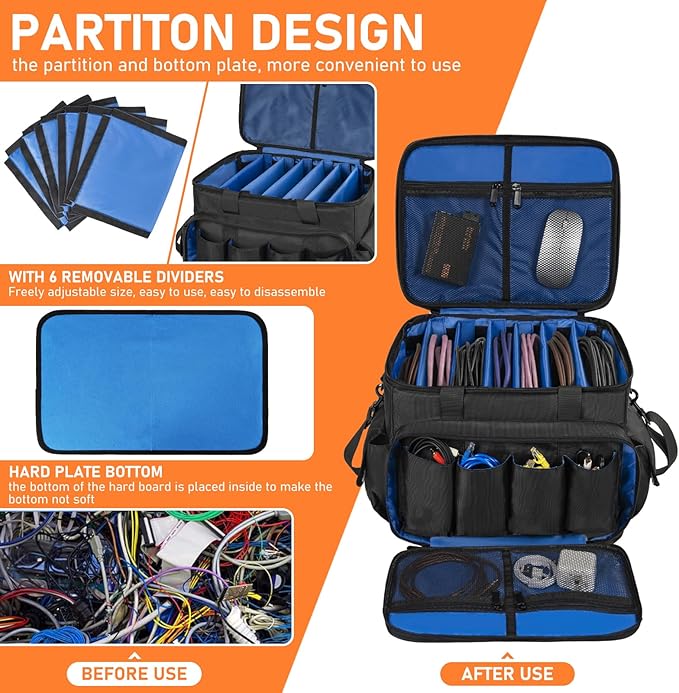 IBVIVIC DJ Cable File Bag with 6 Detachable Dividers High Capacity Gig Cable Bag for Cords,DJ Gear,Sound Instrument and Accessories, Blue