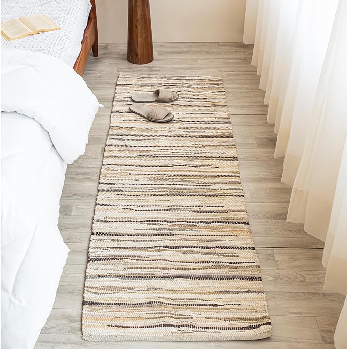 HOMEMONDE Beige Rag Rug 2'x6' Runner Recycled Soft Cotton Chindi Rugs Hand Crafted Reversible Boho Home Decor for Kitchen, Entyrway, Bedroom, Living Room