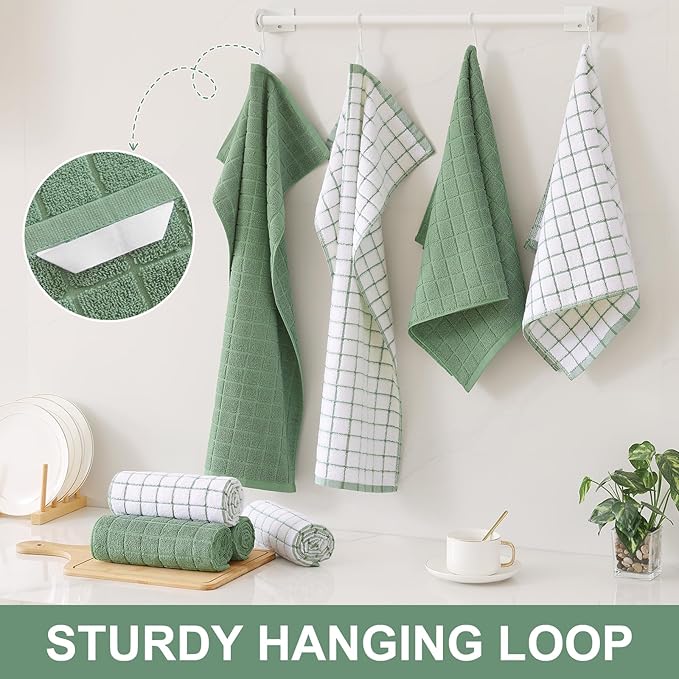 Homaxy Premium Cotton Kitchen Towels 16"x 28", Large Natural Ring Spun 390 GSM Dish Towels, Super Absorbent Terry Kitchen Hand Towels, Soft Tea Towels with Hanging Loop, Grass Green Check, 12 Pack