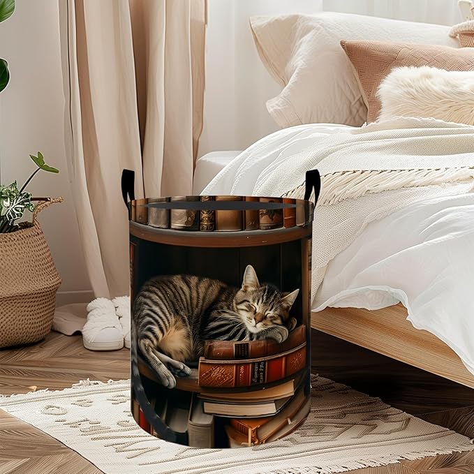 ainori Cat Laundry Basket, Oxford Cloth Vintage Elegant Dirty Clothes Collapsible Hamper for Room Decor, Bookshelf Library and Kitten Print Gifts Toy Organizer 19.7*15.8 Inch for Bedroom Bathroom Dorm