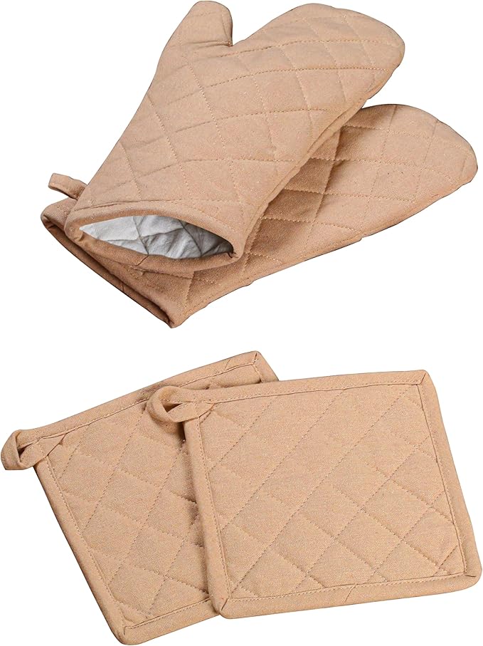 Oven Mitt (7"x13") & Pot Holder (8"x8") 100% Cotton Set of Heat Resistant Oven Gloves & Hot Pads for Gifts, BBQ, Cooking, Baking, Thanksgiving - Beige