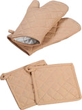Oven Mitt (7"x13") & Pot Holder (8"x8") 100% Cotton Set of Heat Resistant Oven Gloves & Hot Pads for Gifts, BBQ, Cooking, Baking, Thanksgiving - Beige