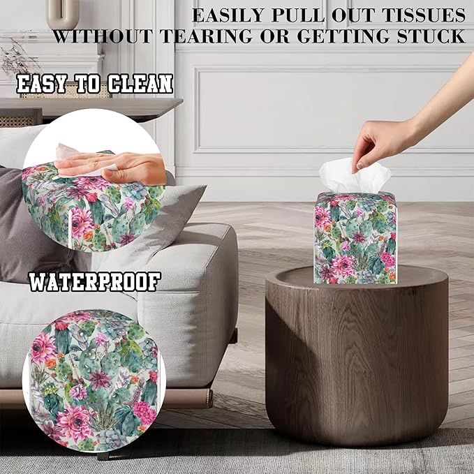 OHEGBXE Succulent Plant Tissue Box Holder Cactus Flower Square Leather Tissue Box Cover Modern Cube Facial Paper Cover Case for Bathroom Vanity Countertop Night Stands Tabletop
