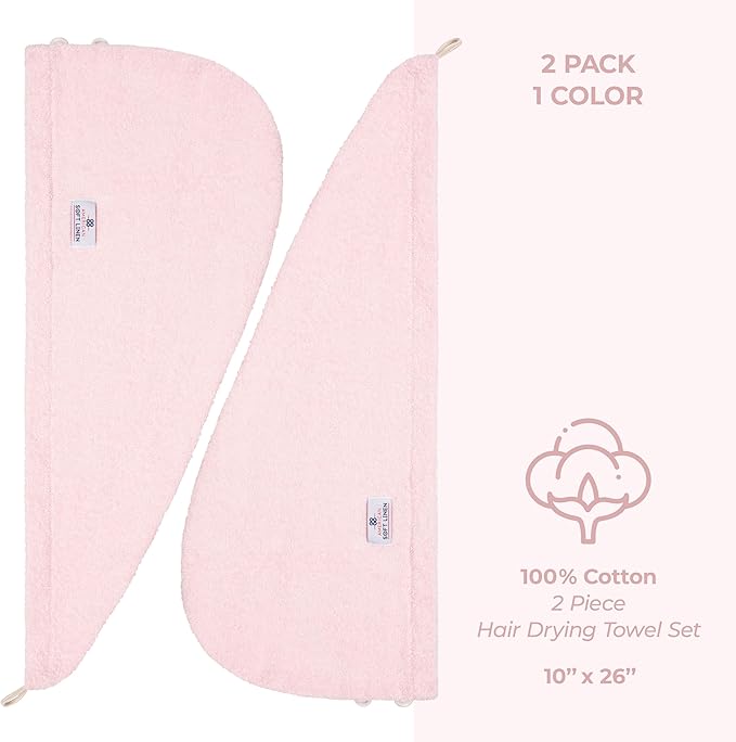 American Soft Linen 100% Cotton Hair Towels for Women, Head Towel Cap, Cotton Hair Turban Towel Wrap for Long Curly Anti Frizz Hair, Soft and Absorbent Cotton Hair Towels 2 Pack, Pink