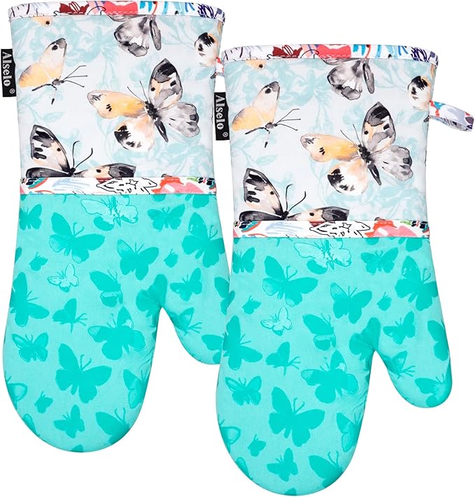 Oven Mitts, Heat Resistant with Soft Quilted Cotton Lining Set of 2, Fashion Design with Silicone Printing Anti-Slip Kitchen Gloves, Safe Backing Cooking Barbecue (Turquoise, Butterfly)