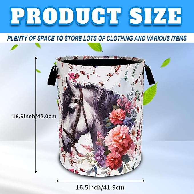 White Horse Flowers Laundry Basket Oxford Cloth Funny Laundry Hamper With Handle Foldable Portable Clothes Storage Basket 18.9 X 16.5 Inch Storage Bag For Laundry Room/Bathroom/Bedroom/Dormitories