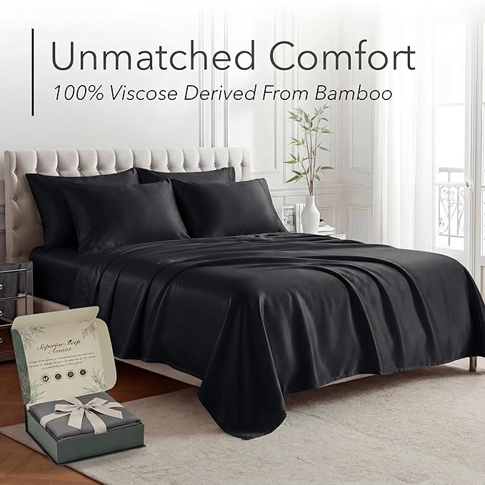 DECOLURE 100% Viscose Derived from Bamboo Sheets Queen Size - Luxury 6 Pc Naturally Cooling Sheets, Ultra Soft Bed Set - Deep 17" Pockets, Durable Double Stitching, Oeko Tex Standard (Black)