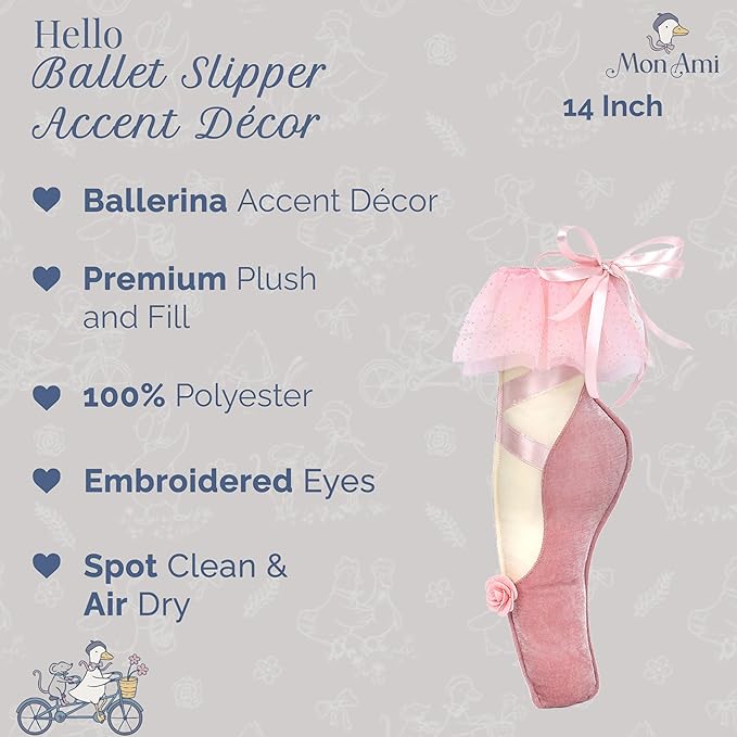 MON AMI Ballet Slipper Accent Décor – 14” | Plush Pink Ballet Shoe Pillow for Nursery, Kids’ Room & Ballet-Themed Decor | Perfect Dance Recital Gift