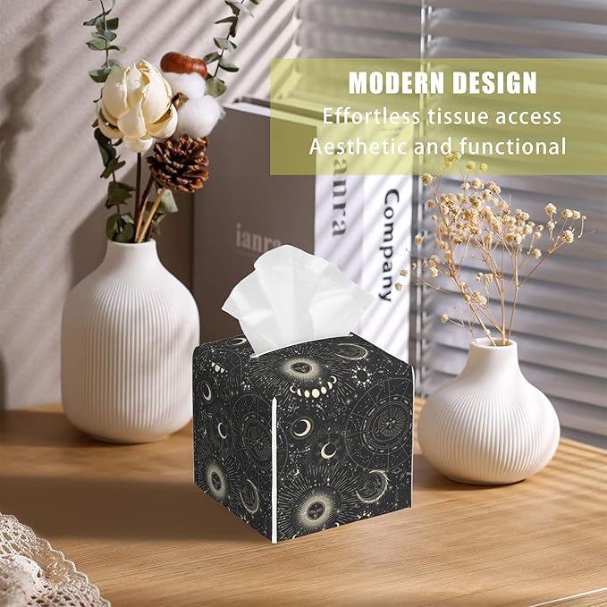 Zodiac Signs Leather Tissue Box Holder Moon Phases Tissue Box Cover Facial Paper Case Organizer Cube Napkin Dispenser for Bathroom Vanity Countertop Night Stand Office Car