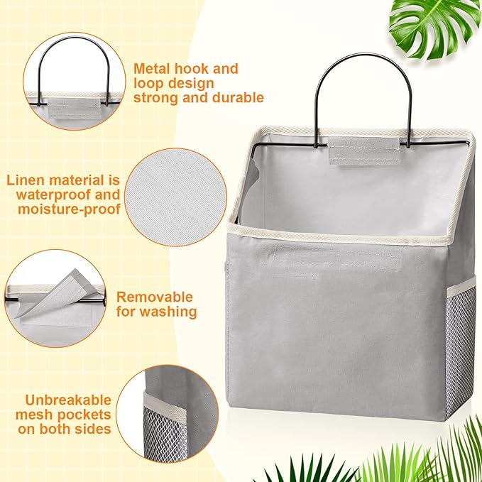 Chumia 6 Pack Wall Hanging Storage Basket Bathroom Closet Hanging Storage Bag over the Door Organizer Basket Bedroom Wall Organizer Waterproof Linen Cotton Box Containers and 10 Hooks(Grey)