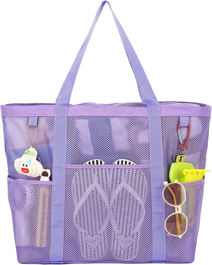 Fammart Mesh Beach Bag, Large Beach Tote Bags with Zipper, Toys Pool Bag for Family Travel Vacation Cruise Essentials