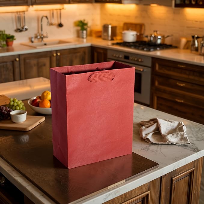 Prime Line Packaging Red Gift Bags, Kraft Paper Christmas Gift Bags with Handles for Kids, Holidays, Wrapping, Weddings, Party Favors, Small Shopping Bags, 8x4x10, 50 Pack