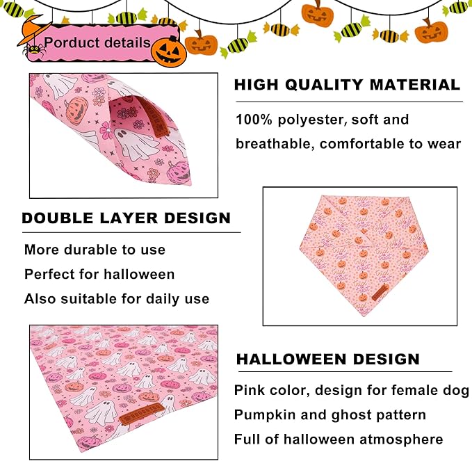 ADOGGYGO Halloween Dog Bandana, Pink Pumpkin Ghost Scarf, Adjustable Fit Female Halloween Bandanas for Medium Large Dogs Pets (Large)