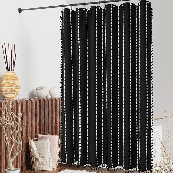 MitoVilla Boho Extra Long Shower Curtain 72 x 96, Black Modern Farmhouse 96 inch XL Polyester Linen Texture Tassel Fabric Shower Curtain Set with Hooks for Cottagecore Country Bathroom Decor,Black