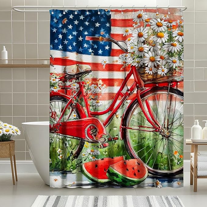 mutakin American Flag Shower Curtain Watercolor Bike Flowers Shower Curtains for Bathroom Waterproof Fabric Bath Curtain Decor with Hooks