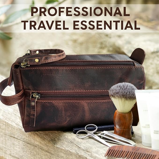 Rustic Town Leather Wash Bag for Men - Travel Toiletry Bag - Shaving Dopp Kit Toiletries Organizer - Leather Makeup Bag for Women
