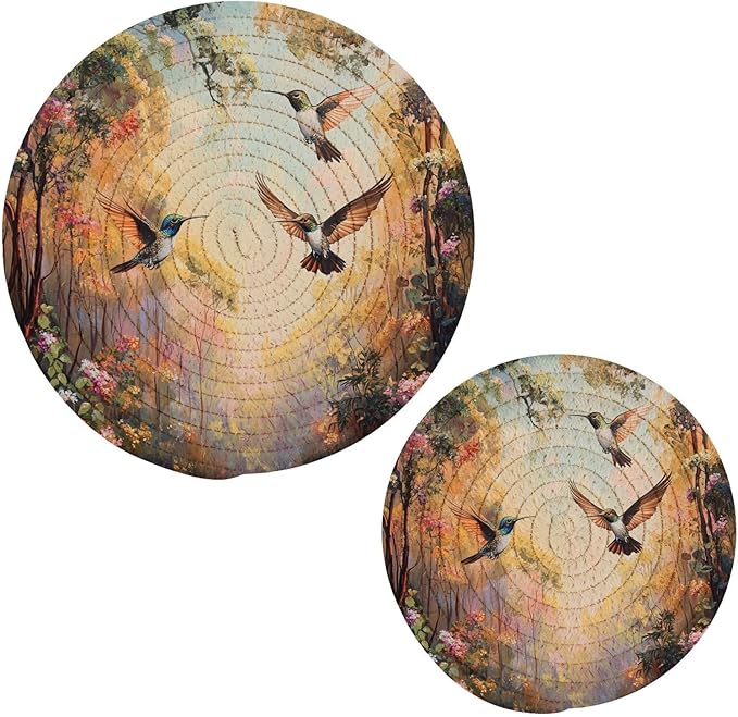 Forest Flowers and Hummingbird Trivets for Hot Dishes Pots and Pans Potholders Woven Trivet Cotton Round Large Pot Holder Decor Heat Resistant Hot Pads Mat for Table Counter Cooking Potholder S