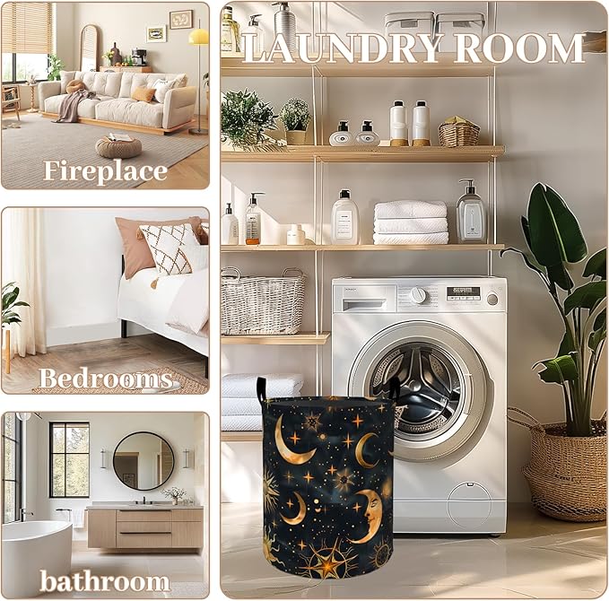 ainori Moon and Sun Laundry Basket, Oxford Cloth Mystical Dreamy Dirty Clothes Collapsible Hamper for Room Decor, Star Celestial Print Gifts Toy Organizer 19.7 * 15.8 Inch for Bedroom Bathroom Dorm