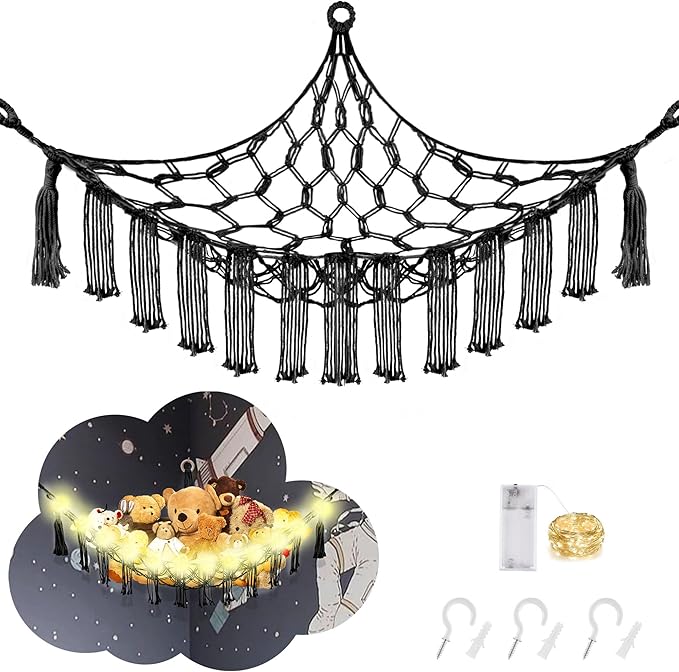 CERETIA Stuffed Animal Hammock with LED Light, Large Stuffed Animals Storage Corner Plushie Net for Kids Room Decor, Jumbo Black
