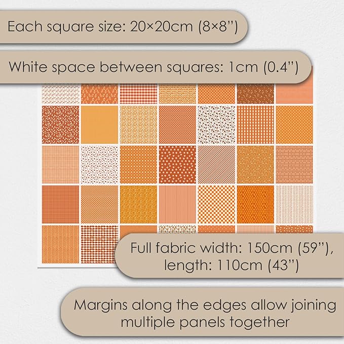 Cotton Satin Patchwork Fabric Panel – 35 Designs, 20×20 cm Squares, Single Piece 150×110 cm, Terracotta Orange Quilt Fabric(Sunset Orange Floral Patchwork Set, 35pcs 8x8 inch)