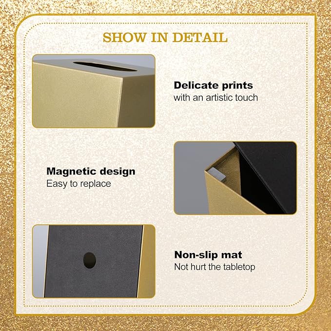 HOUSE DIARY Metal Square Tissue Box lid, Modern Facial Tissue Holder for Bathroom Vanity Tops, Bedroom Dressers, Nightstands, Desks, Offices (Gold)