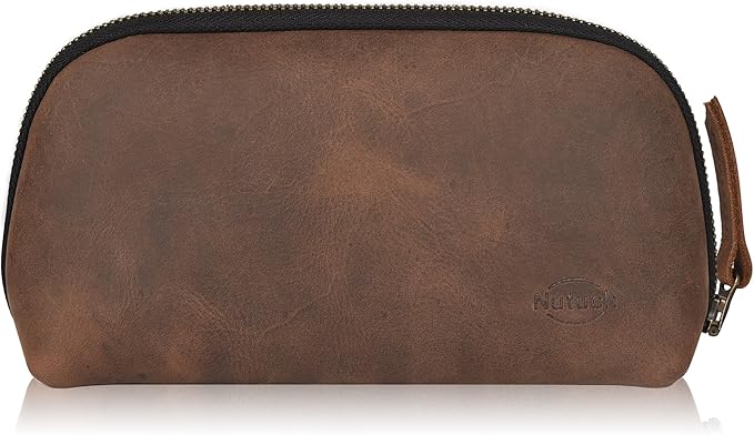 NUTUCH Leather Tech Pouch for Cables Chargers Phone | Tech Bag | Zipper Travel Accessory Pouch | Electronic Organizer Case Travel Bag (Vintage Dark Brown)