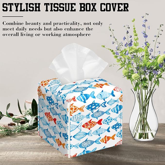 OHEGBXE Tissue Box Holder Watercolor Fish Square Leather Tissue Box Cover Modern Cube Facial Paper Cover Case for Bathroom Vanity Countertop Night Stands Tabletop