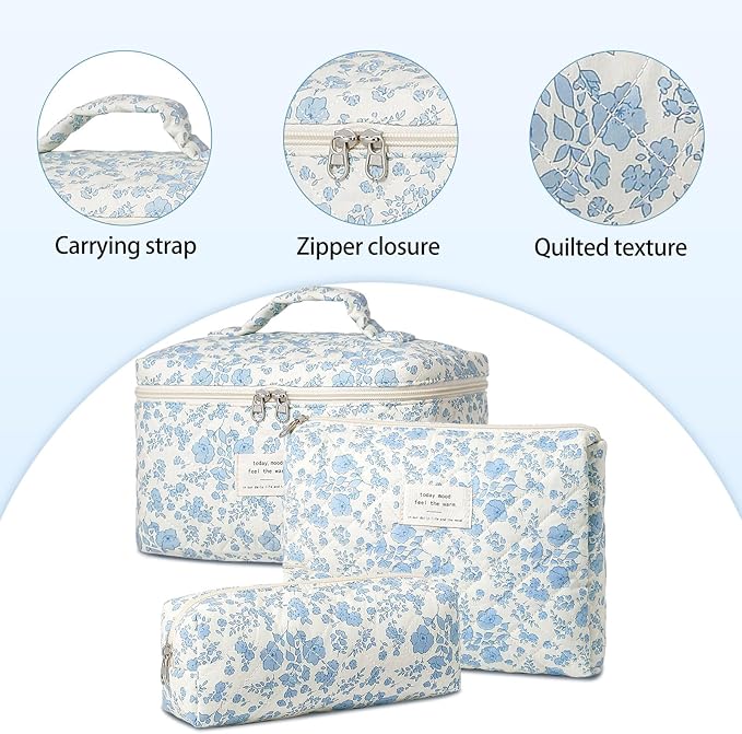 SXS LACONIC Quilted Makeup Bag,Large Cosmetics Bag Set,Coquette Floral Make up Pouch,Travel Toiletry Bag for Women