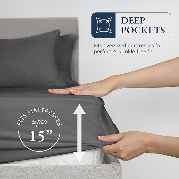 LANE LINEN Fitted Sheets Twin Size, 100% Organic Cotton 2-Piece Set (1 Fitted Sheet, 1 Pillowcase), Percale Weave, Ultra Soft, Breathable,Fits Mattress Upto 15'' Deep - Charcoal (No Flat Sheet)